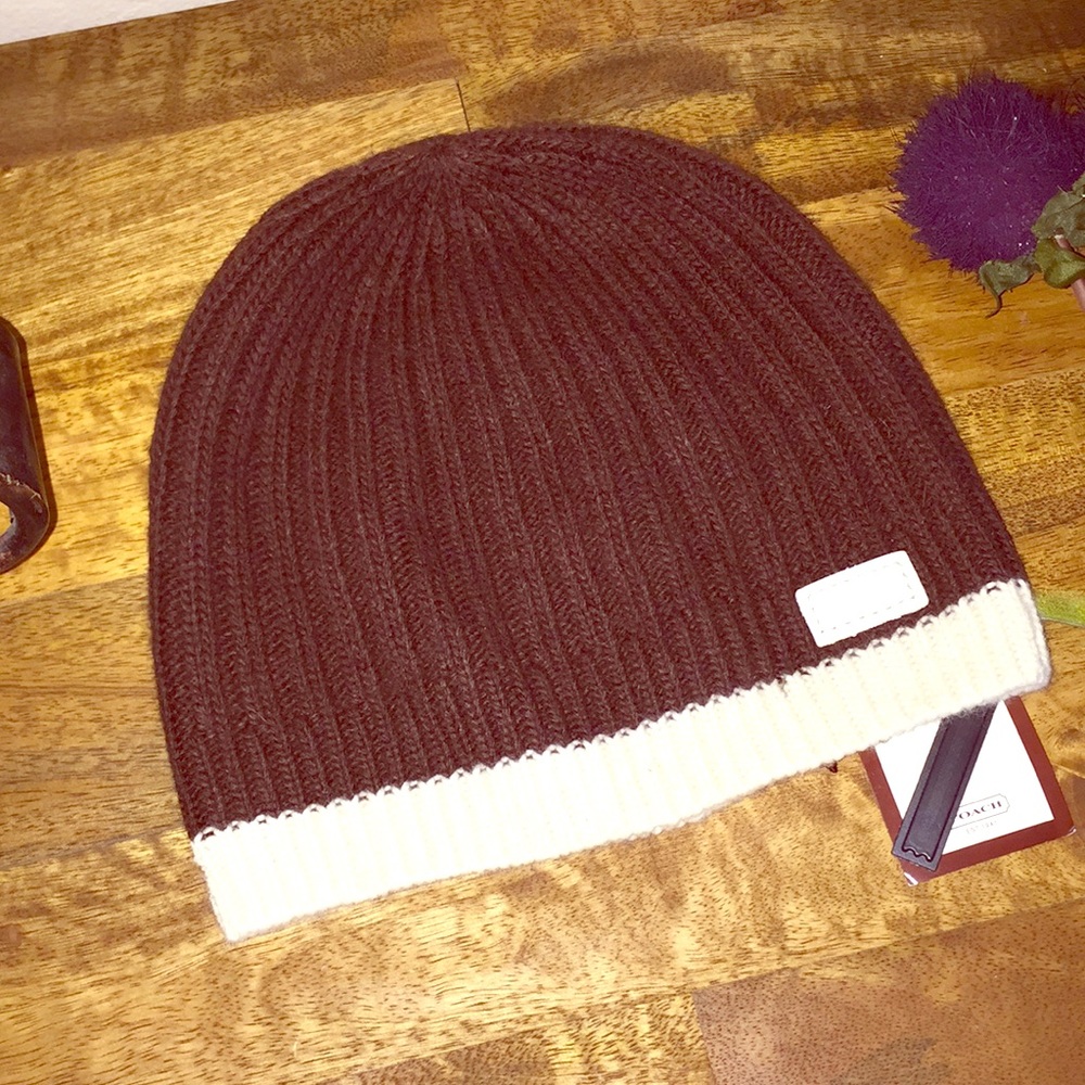 Authentic COACH dark brown with cream beanie.